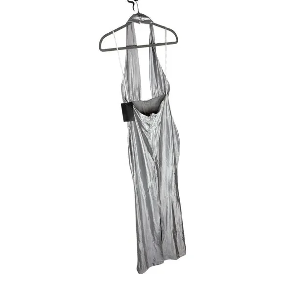 Retrofete Charity Gown Maxi Halter Party Formal Gala Prom Classy Guest Silver S
